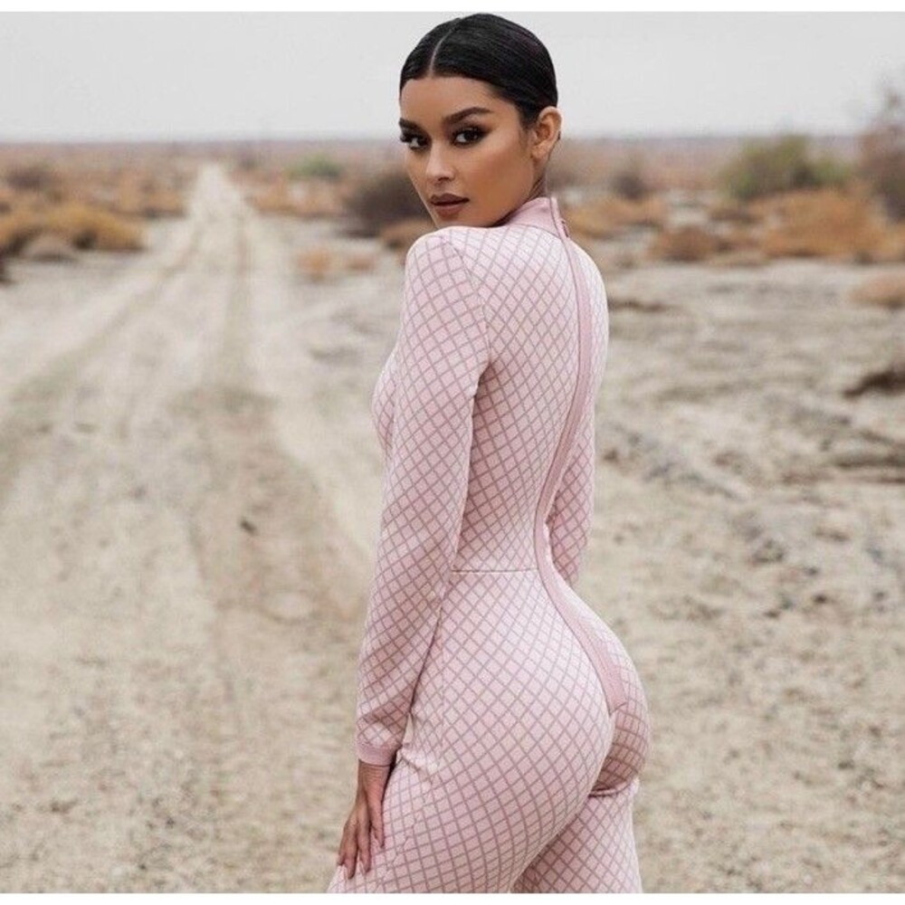 House Of CB Pascalina Blush Pink Bandage Jumpsuit Long Sleeve Size XS *Read Flaw